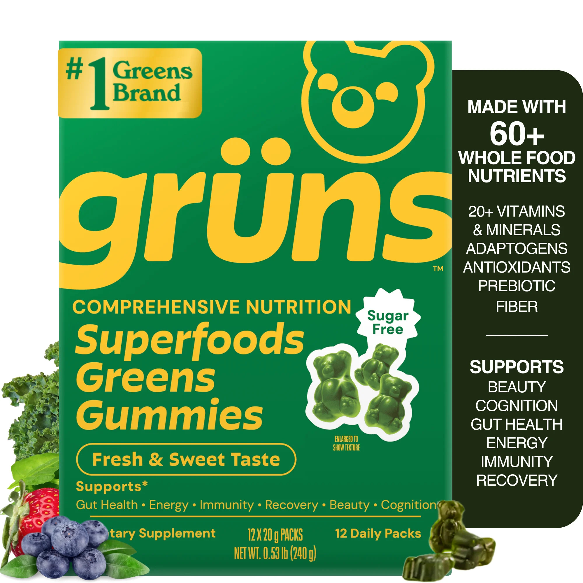 Gruns Adult Superfood Greens Gummies, Sugar-Free, 21 Vitamins & Minerals, Prebiotics Fiber for Di... | Walmart (US)