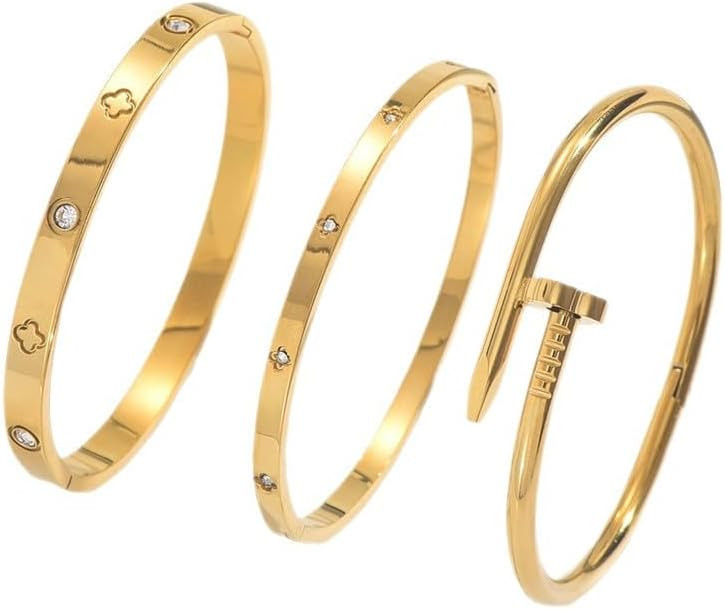 3pcs Womens Bracelet Set 18K Gold Plated No Tarnish Stainless Steel Ddainty Cuff Bracelets | Amazon (US)