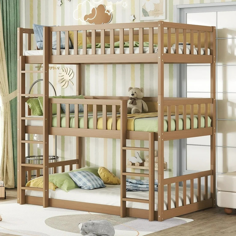 Bellemave Rubber Wood Triple Bunk Bed Twin over Twin over Twin Bunk Bed Frame with Fence-shaped G... | Walmart (US)