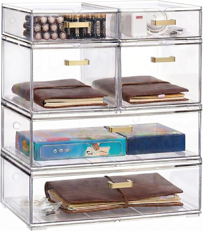 Stackable Storage Drawers, 6 Pack Clear Acrylic Organizer Bins with Golden Handles, Multi-Size Pl... | Amazon (US)