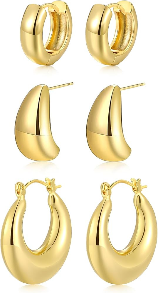 Gold Hoop Earrings for Women, 14K Real Gold Plated Lightweight Chunky Gold Hoops Earrings for Gif... | Amazon (US)