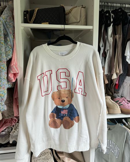 USA sweatshirt is finally online! Only $21.99 and gives major Ralph Lauren vibes ❤️🧸 so cute paired with boxer shorts!!! 

Memorial Day outfit, bear sweatshirt, flag sweatshirt, red white & blue ❤️🤍💙

#LTKfindsunder50 #LTKSeasonal