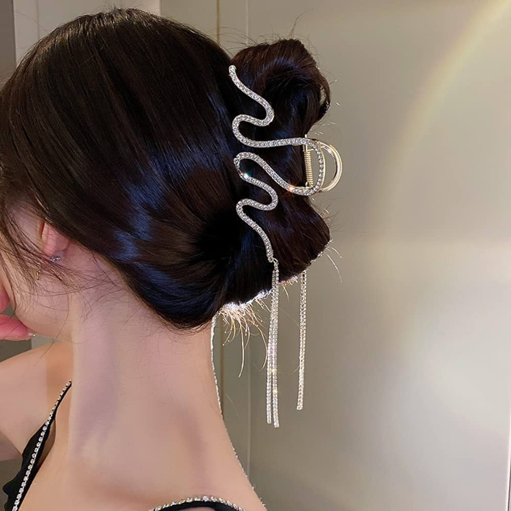 Jumwrit Large Rhinestone Hair Claw Clip with Big Wave, Long Tassel Chain, Strong Metal Hold for T... | Amazon (US)