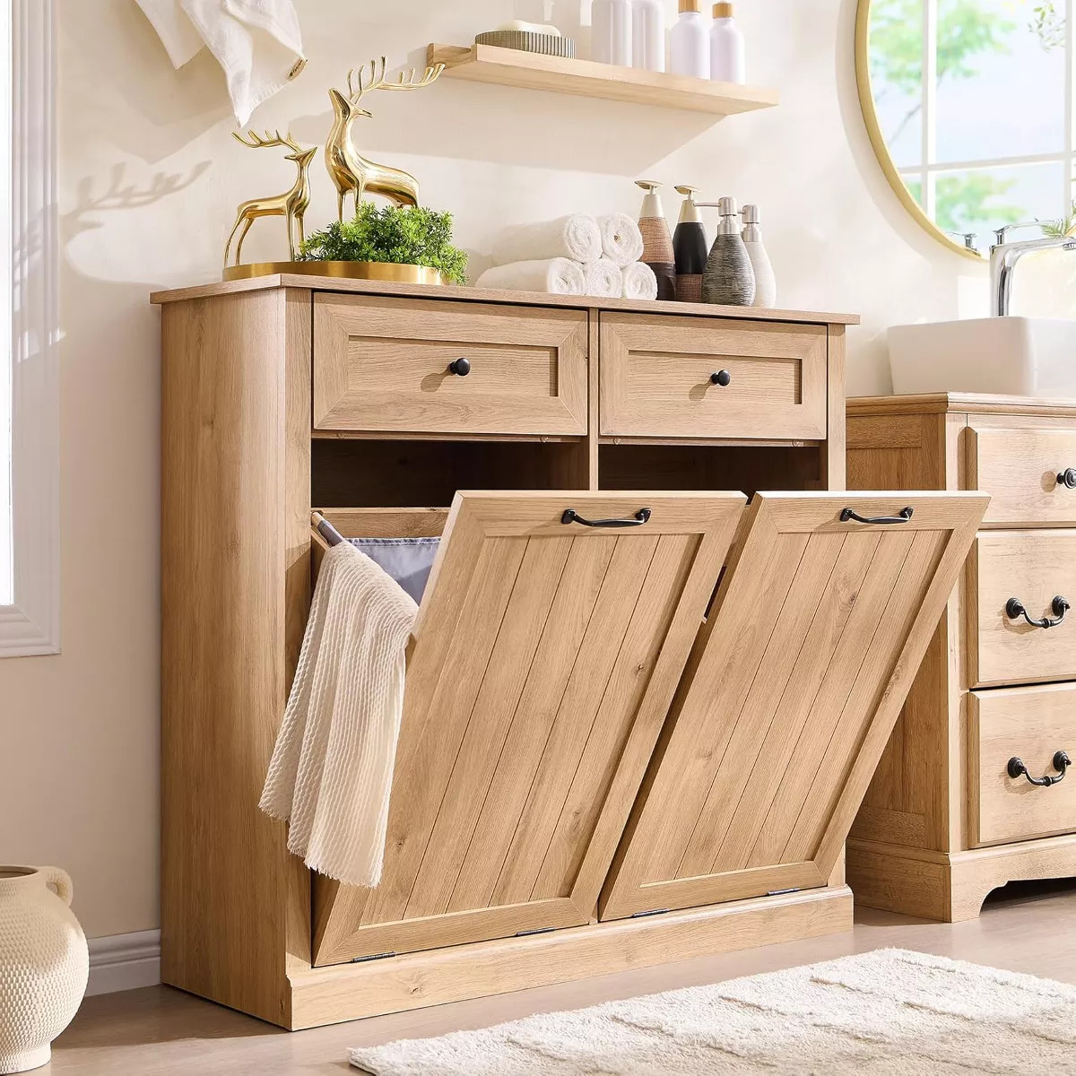 SinCiDo Tilt Out Laundry Hamper, Farmhouse Bathroom Storage Cabinet, w/ Drawers & Hidden 10 Gallo... | Target