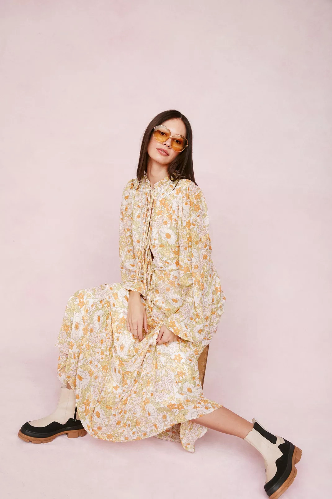 Floral Tie Front Long Sleeve Maxi Dress | NastyGal (UK, IE)