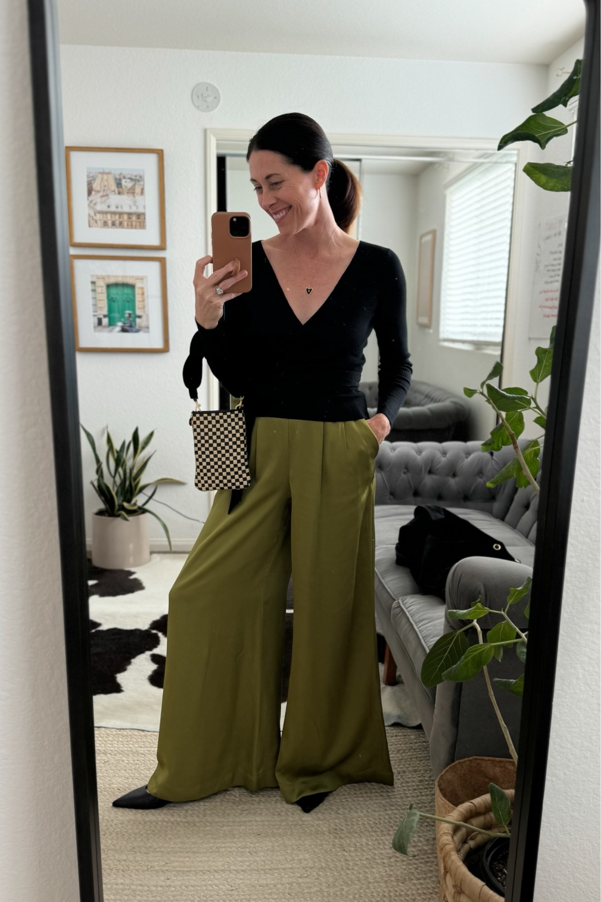Black Wrap Top - Sezane (true size)
Green wide leg silky Pants - Sezane (sold out)
Ayede Kitten Heel - Farfetch 
Checkered Bag - Clare V 

#LTKshoecrush #LTKstyletip