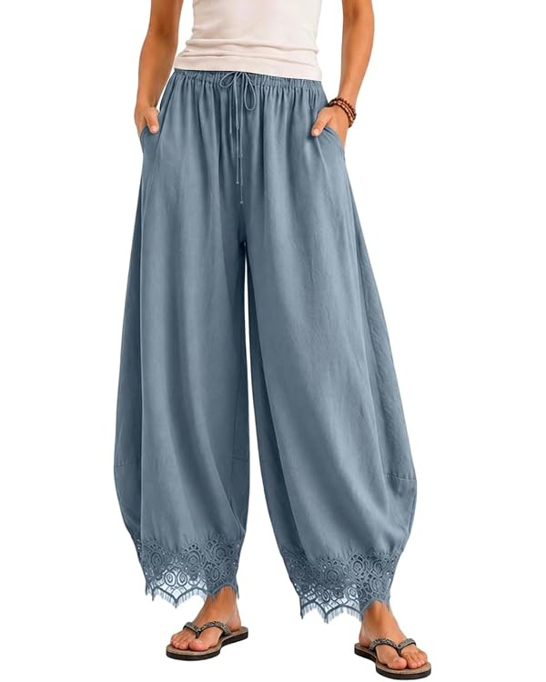 Women's Casual Pants Cropped Lace Hem Pants Summer Boho Drawstring High Waist Wide Leg Lounge Tro... | Amazon (US)