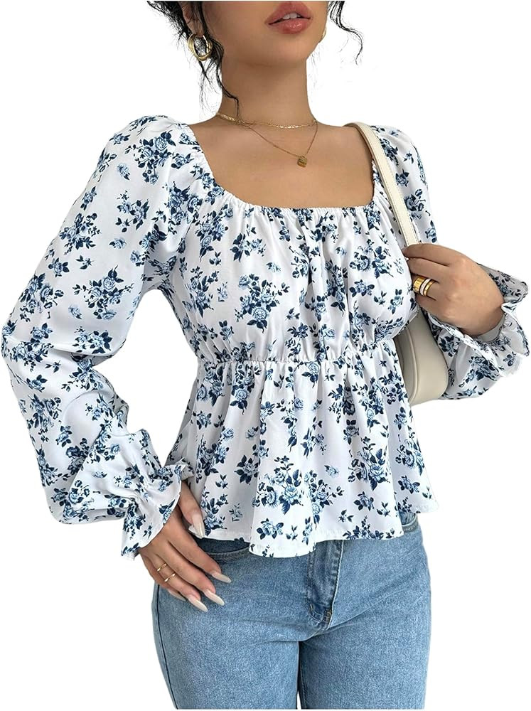 SweatyRocks Women's Boho Floral Long Sleeve Shirts Square Neck Bow Tie Peplum Tops Blouses | Amazon (US)