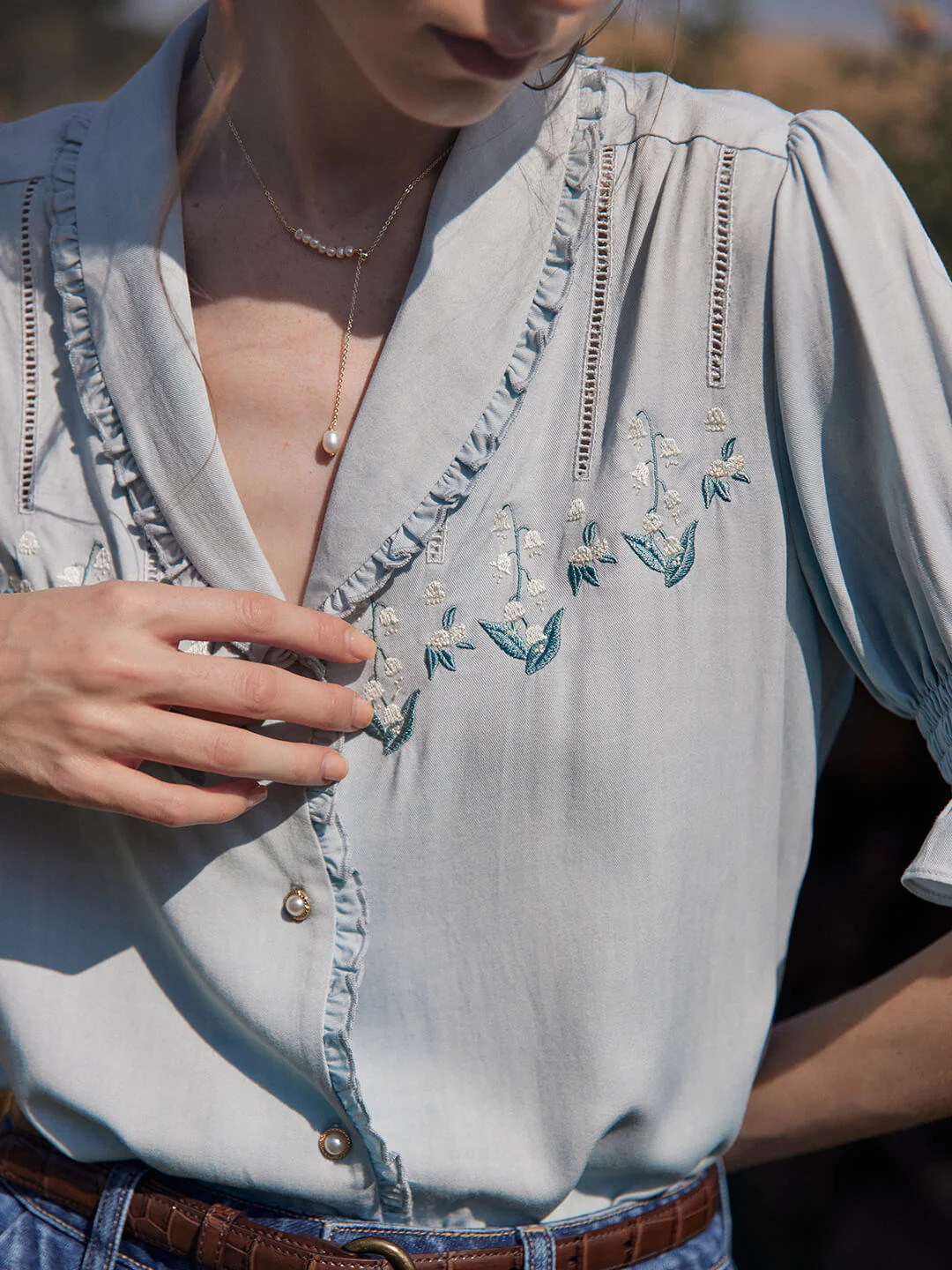 Convallaria Floral Embroidered Blue Puff Top | Simple Retro