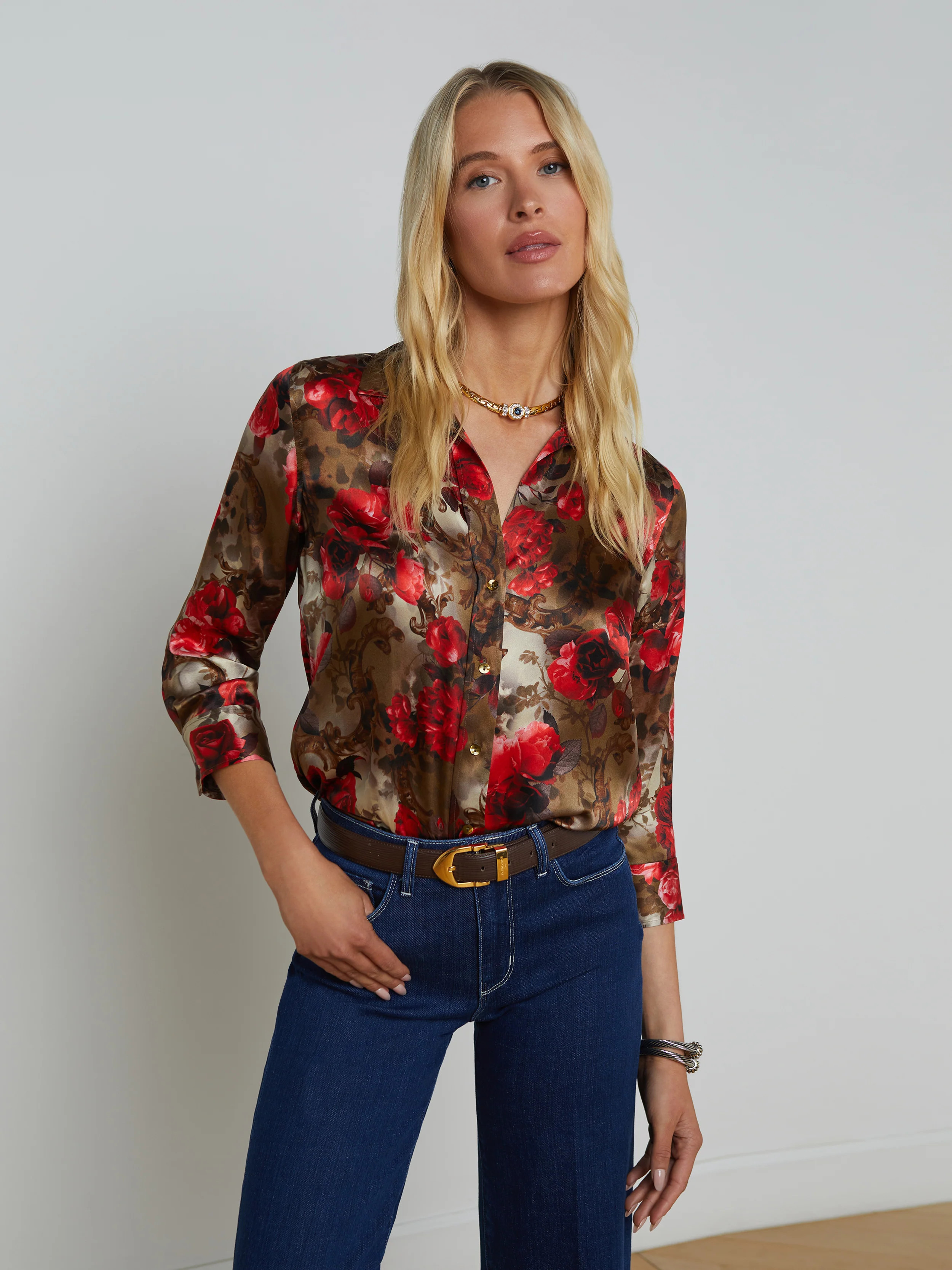 L'AGENCE - Dani 3/4 Sleeve Silk Blouse in Army/Pink Cheetah | L'Agence