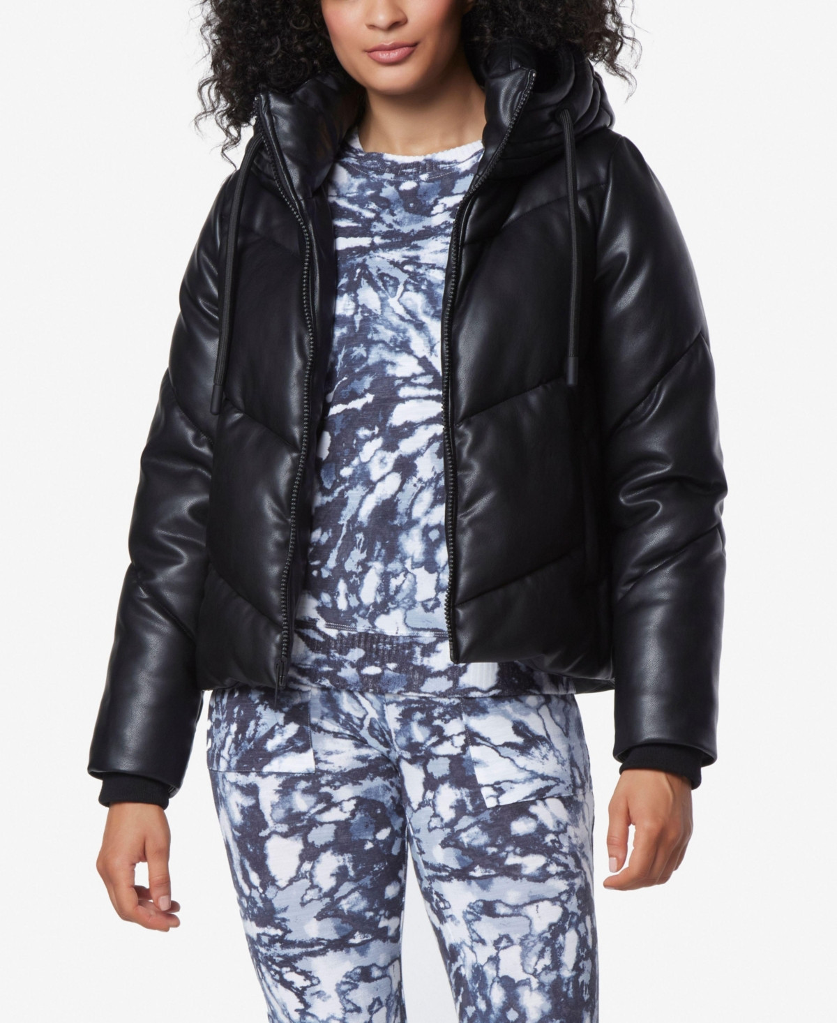 Andrew Marc Sport Women's Faux Leather Hooded Puffer Jacket - Black | Macy's