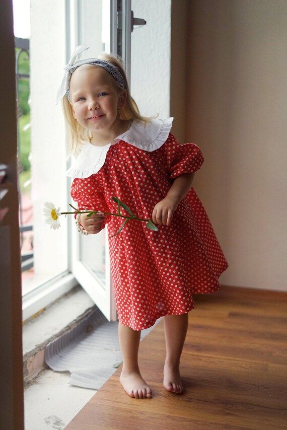 Red and White Polka Baby Dress With Big Collar Long Sleeved | Etsy | Etsy (US)