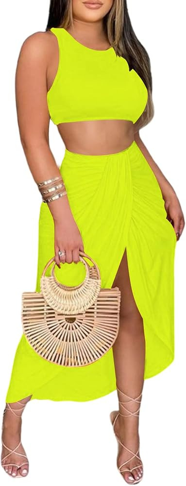 LYANER Women's 2 Piece Outfits Sleeveless Tank Crop Top and Wrap Split Slit Ruched Bodycon Midi S... | Amazon (US)