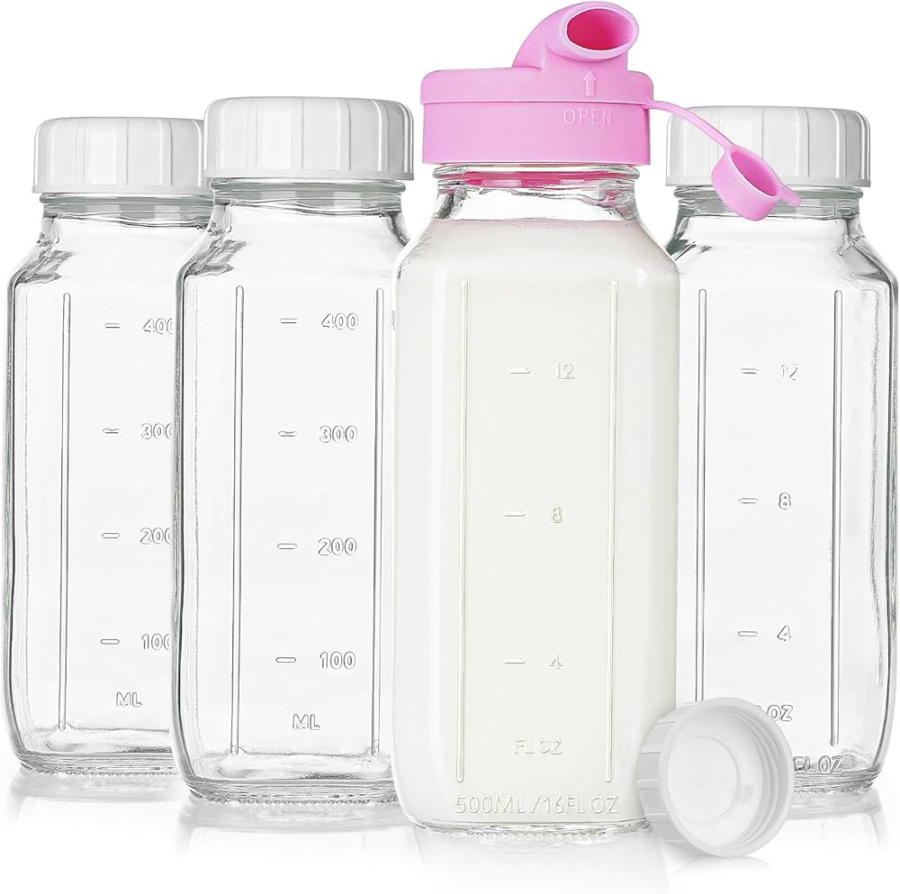4 Pack 16 Oz Square Glass Milk Bottle with A Silicone Dispenser Cap, Glass Juice Bottles with Air... | Amazon (US)