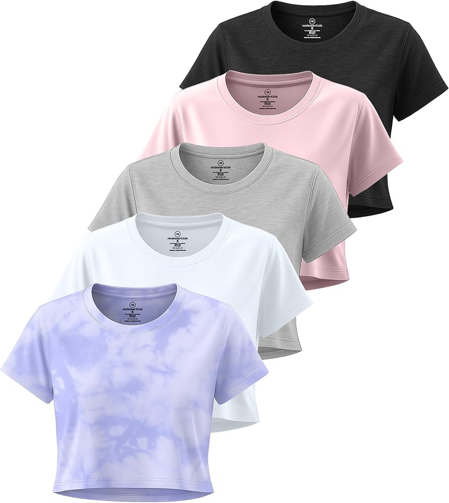 Real Essentials 5 Pack: Women's Dry-Fit Crop Top Short Sleeve Shirts Workout Gym Cropped Athletic... | Amazon (US)