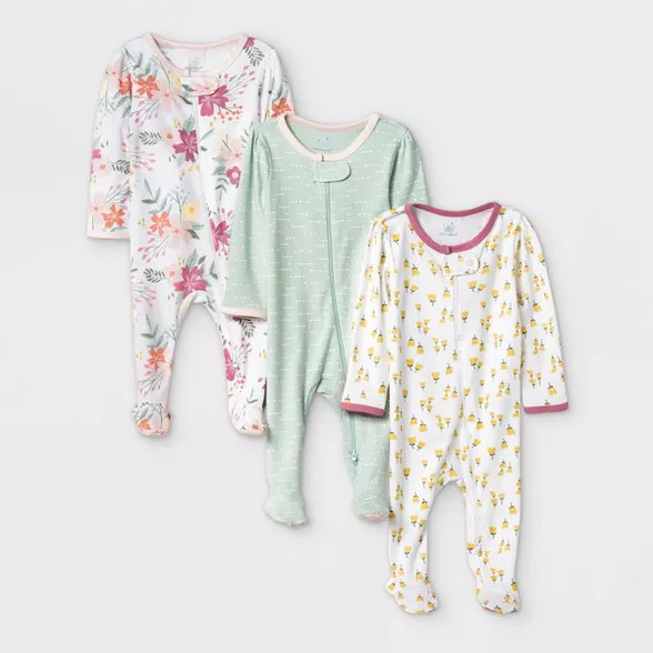 Baby Girls' 3pk Meadow Zip-Up Sleep N' Play - Cloud Island™ White/Mint/Yellow | Target