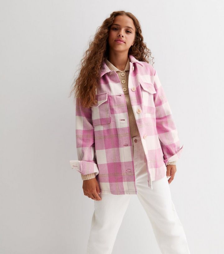 Girls Pink Check Double Pocket Shacket | New Look | New Look (UK)
