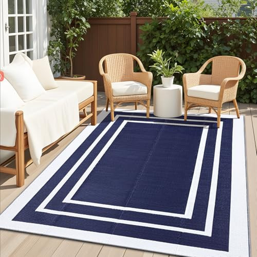 OLANLY Outdoor Rug 5x8 ft Waterproof, Reversible Outdoor Plastic Straw Rug, RV Mat, Indoor Outdoor Carpet Clearance for Patio, Camping, Balcony, Deck, Backyard, Navy & White | Amazon (US)