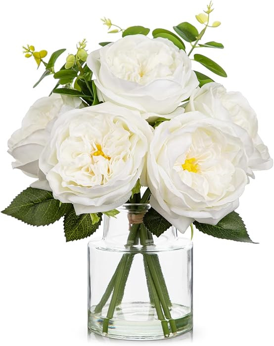 Hollyone Real Touch Peonies Artificial Flowers Arrangements in Vase White Fake Peonies with Glass... | Amazon (US)