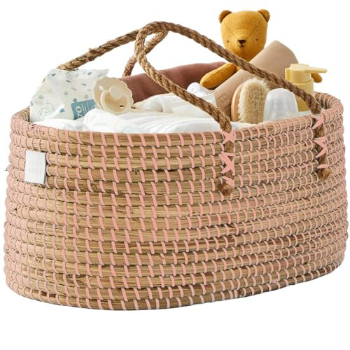 BEBE BASK Premium Pink Baby Diaper Caddy Organizer -Handmade - Seagrass Basket With Cotton Divider - Award-Winning & Luxury Pink Diaper Caddy Basket - (Blush) | Amazon (US)