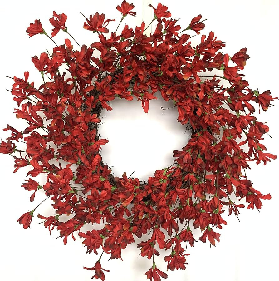 Red Burgundy Forsythia Door Wreath 24 Inch Spring Front Door Wreath Blossom Cluster Flower Farmho... | Amazon (US)