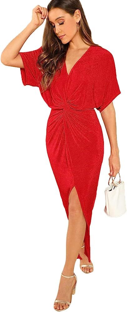 Women's Twist Front Deep V Neck Split Hem Glitter Party Cocktail Dress | Amazon (US)