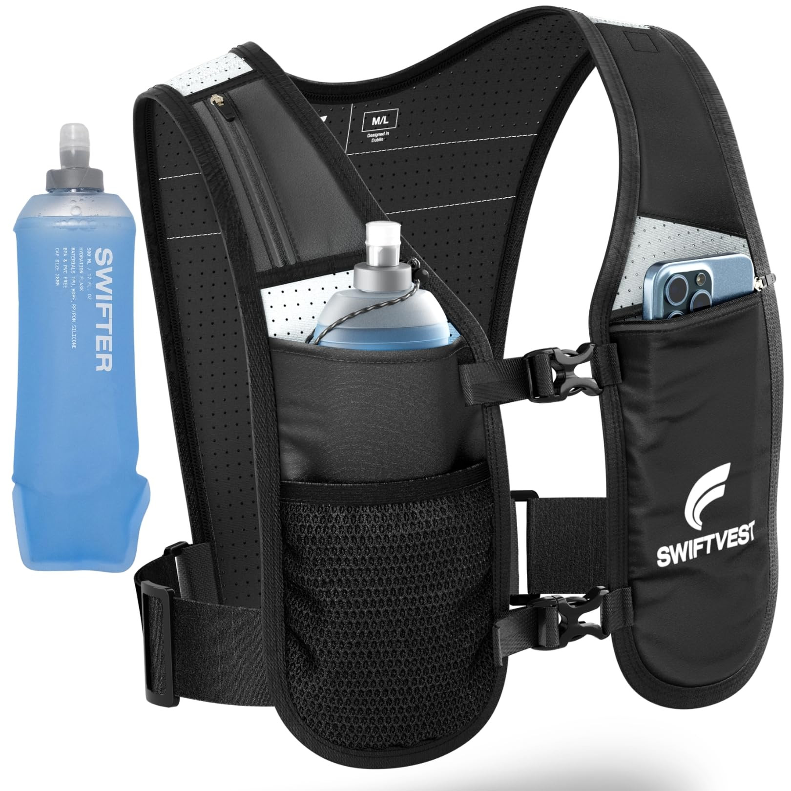 Running Phone Holder Vest with 500ml/17oz Water Bottle | Reflective Hydration Vest | Adjustable |... | Amazon (US)