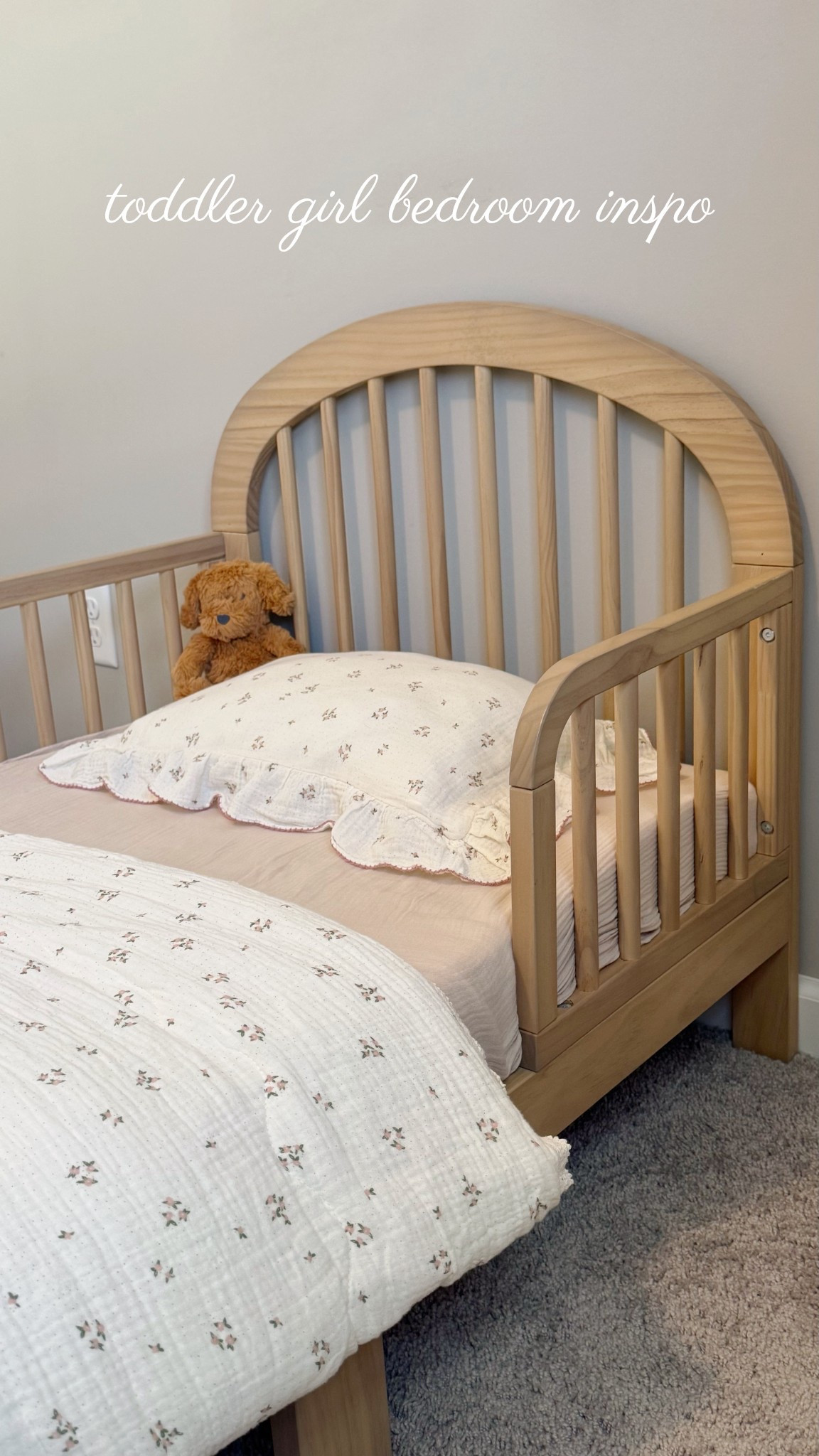 toddler girl bedroom inspo girl toddler bed floral lace comforter for toddler scalloped edge bedding natural wood bed frame 

#LTKHome #LTKKids
