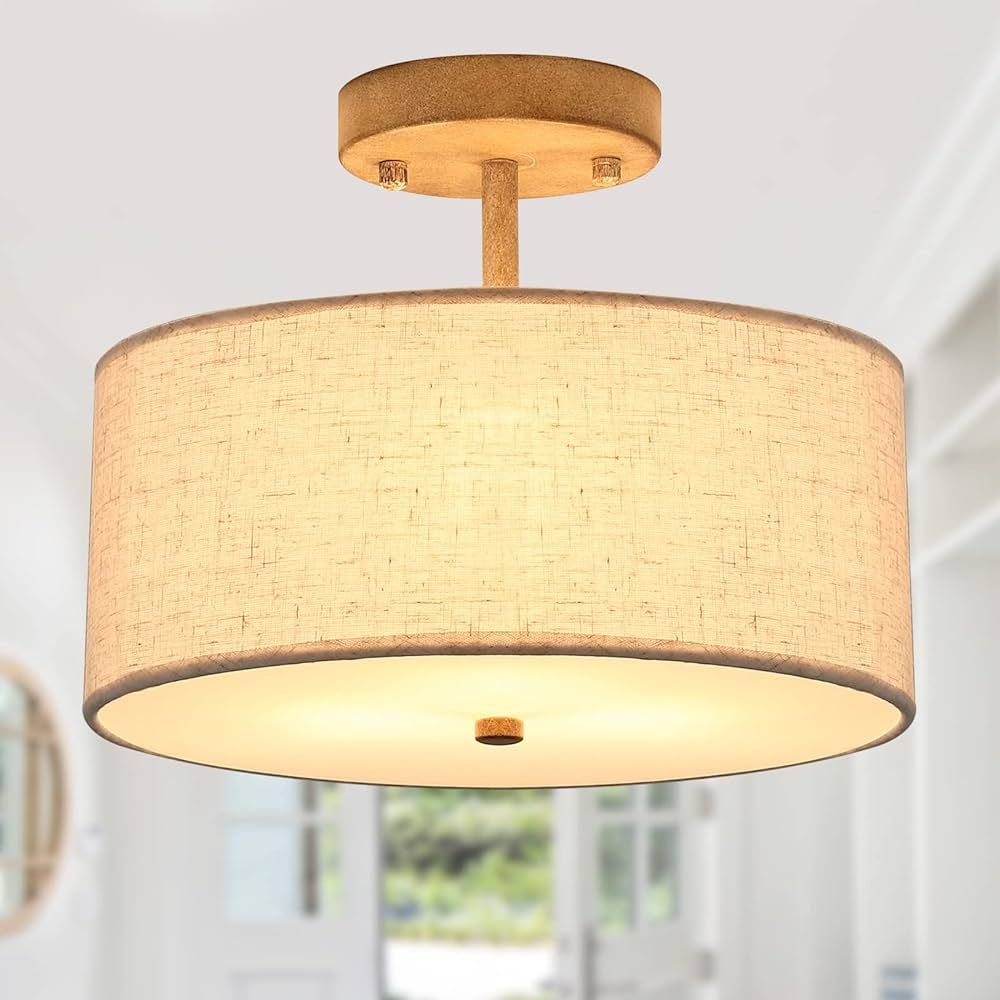 MEIXISUE 3-Light Drum Semi Flush Mount Ceiling Light Fixture with Oatmeal Color Fabric Shade for ... | Amazon (US)