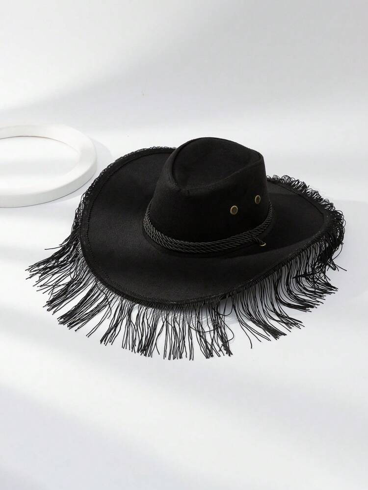 1pc Women Fringe Trim Drawstring Adjustable Cowboy Hat For Outdoor | SHEIN