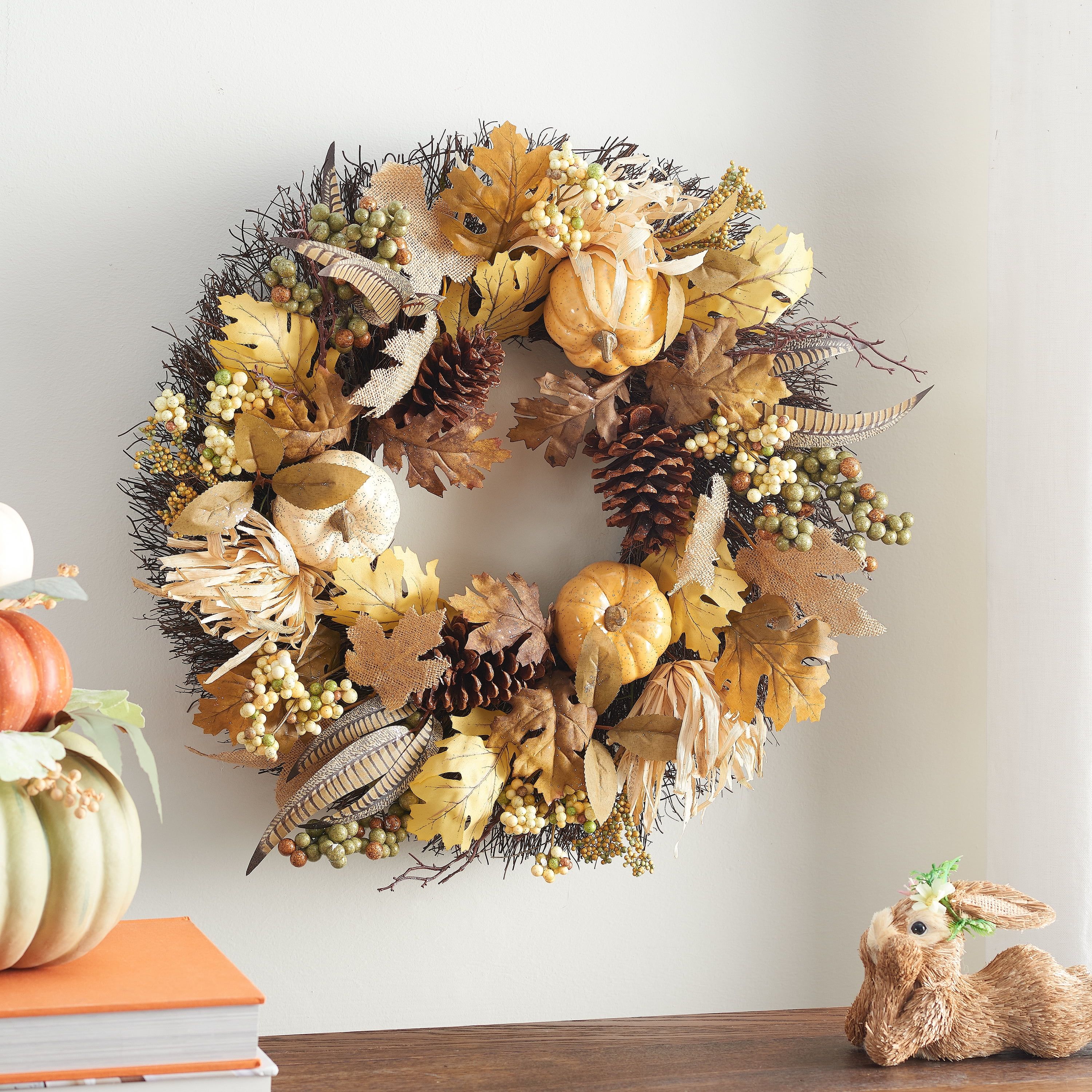Way to Celebrate Cream/neutural Pumpkins and Leaves Harvest Wreath, 24in - Walmart.com | Walmart (US)