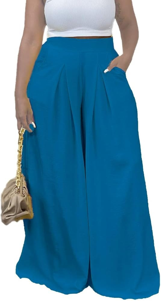 Women's Wide Leg Long Palazzo Pants High Waist Loose Fit Casual Flowy Pants Trousers with Pockets | Amazon (US)