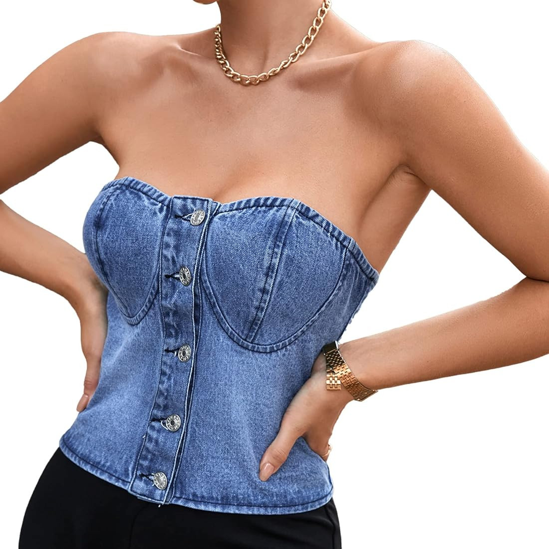 Ypser Women's Denim Corset Top Denim Crop Top Push Up Bustier Sleeveless Tube Top Streetwear | Amazon (US)