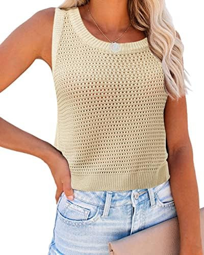 FISACE Womens Summer Knit Sweater Tank Tops Round Neck Crochet Hollow Out Sleeveless Casual Crop ... | Amazon (US)