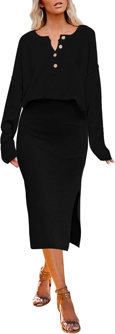 Pink Queen Women's 2 Piece Sweater Outfit Sets Button Long Sleeve Knit Cropped Top and Bodycon Sl... | Amazon (US)