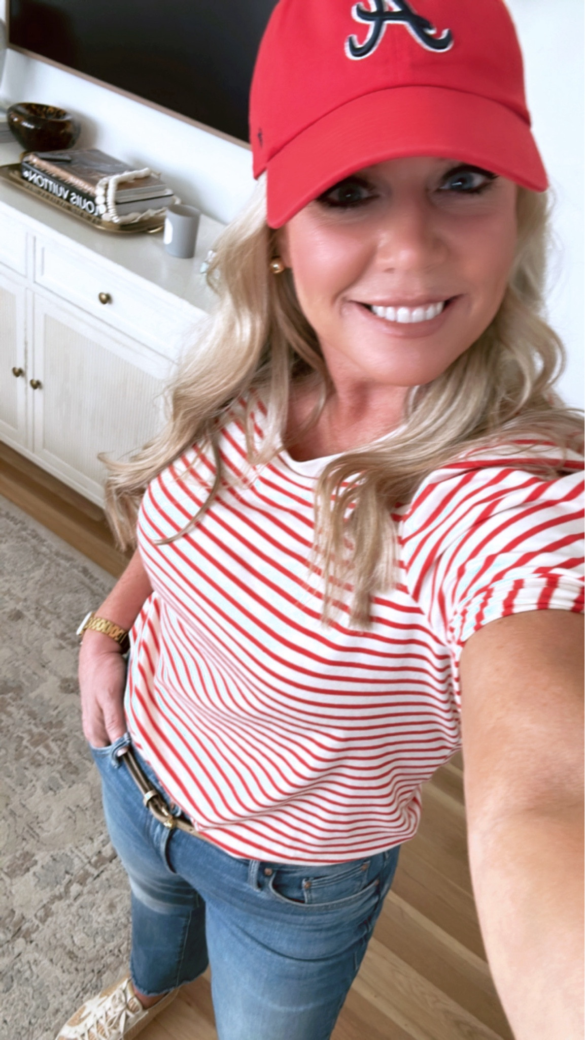 Braves Game fit! All my favorite staple pieces and  added a Braves hat! Everything is true to size!! 
Wearing L in top 
29 in Mother Jeans 
39 in Golden Goose 
M in J Crew Belt

#LTKStyleTip #LTKOver40 #LTKSeasonal