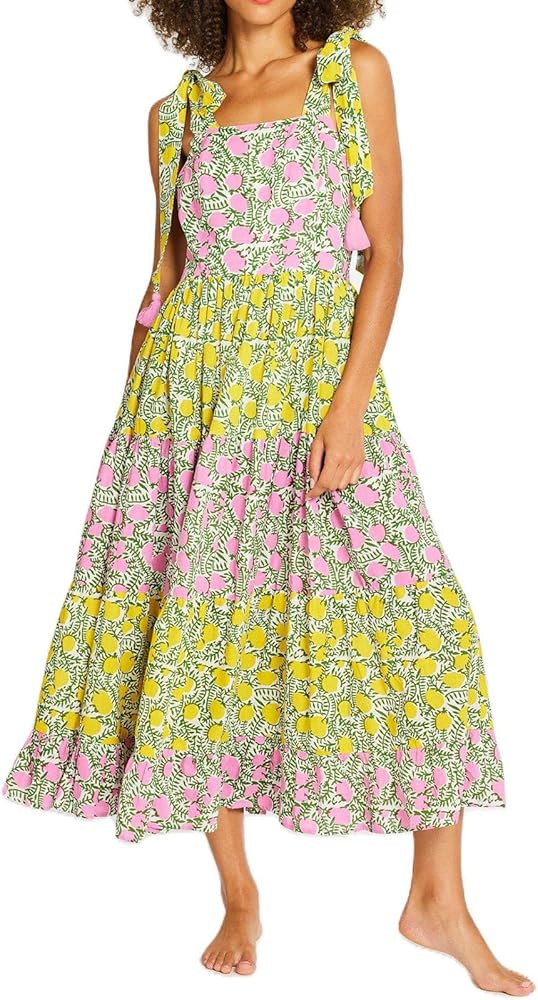 Women Summer Dresses Flowy Smocked Maxi Dress Sleeveless Tie Shoulder Boho Dresses Y2K Floral Bea... | Amazon (US)