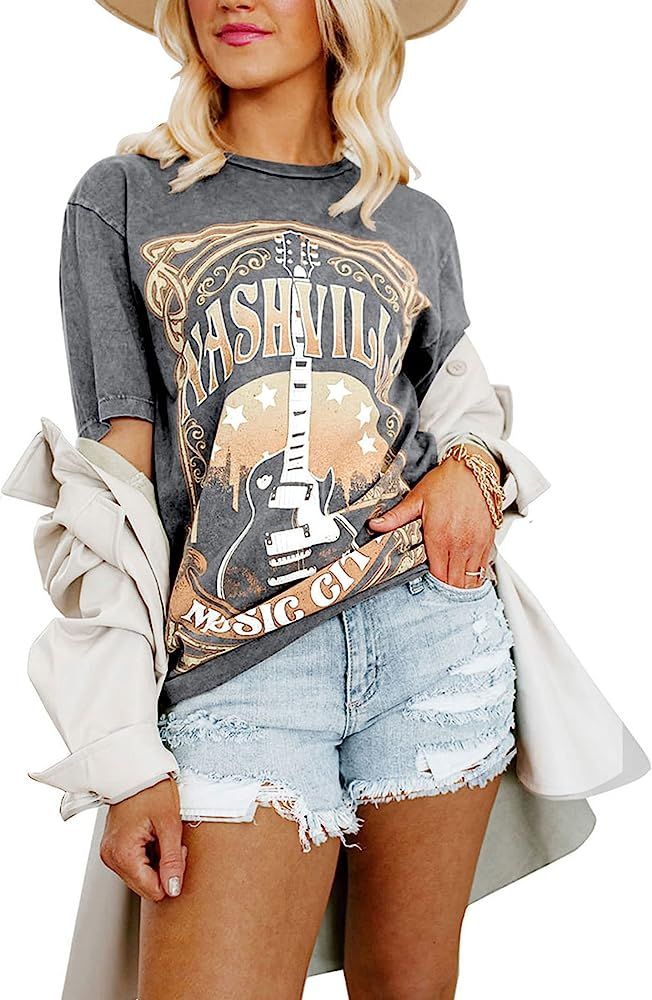Binshre Women's Nashville T Shirts Country Music Concert Tshirts Distressed Graphic Short Sleeve ... | Amazon (US)