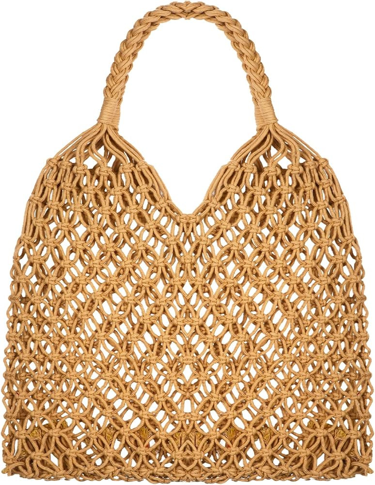 Travel Beach Fishing Net Handbag Woven Shoulder Bag Cotton Rope Macrame Bag Mesh Net Beach Bag Croch | Amazon (US)