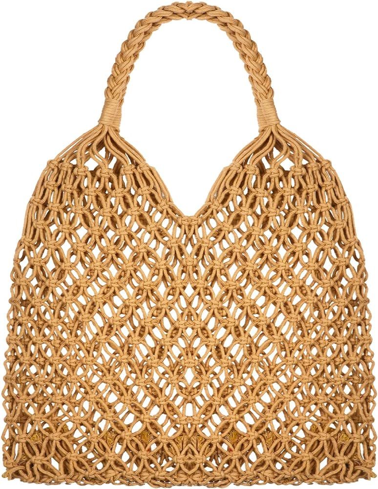 Travel Beach Fishing Net Handbag Woven Shoulder Bag Cotton Rope Macrame Bag Mesh Net Beach Bag Croch | Amazon (US)