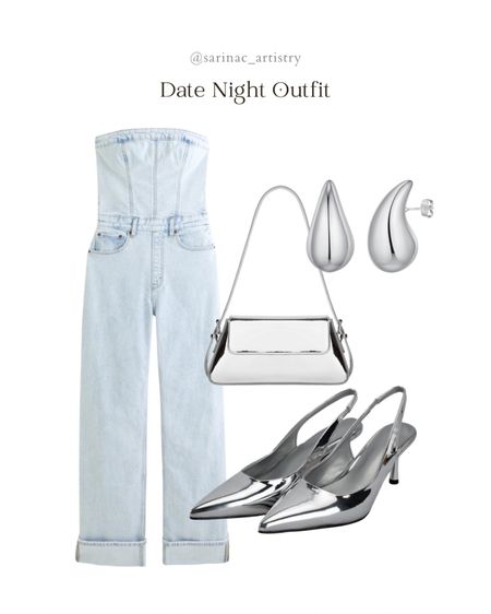 Perfect trendy girl date night outfit.

Love the denim one piece jumpsuit with the silver chrome accessories and shoes. 

#denim #chrome #silver #metallic

#LTKstyletip #LTKsalealert #LTKSpringSale