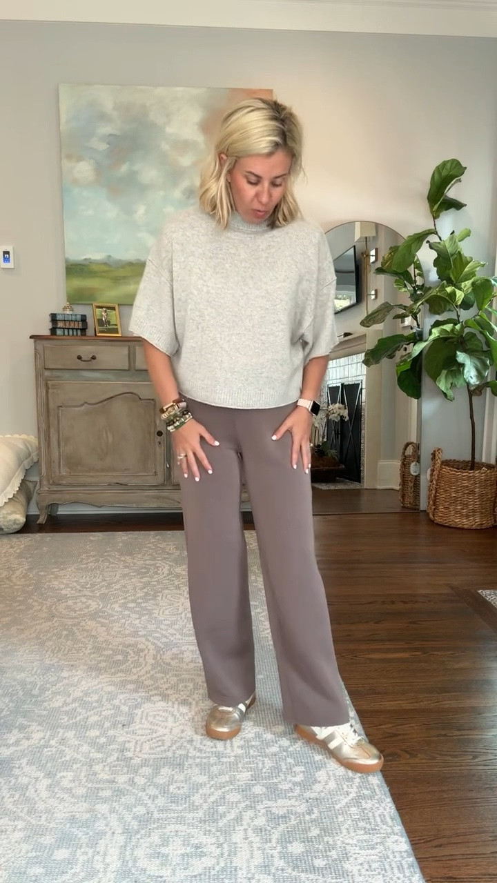 Spanx Air Essentials Straight Leg Pants are just a staple item to have in your closet. 
Pants - small petite 
Sweater - xs
Sneakers - 8 tts 

CODES- 
*Allie + Bess - Catherine20
