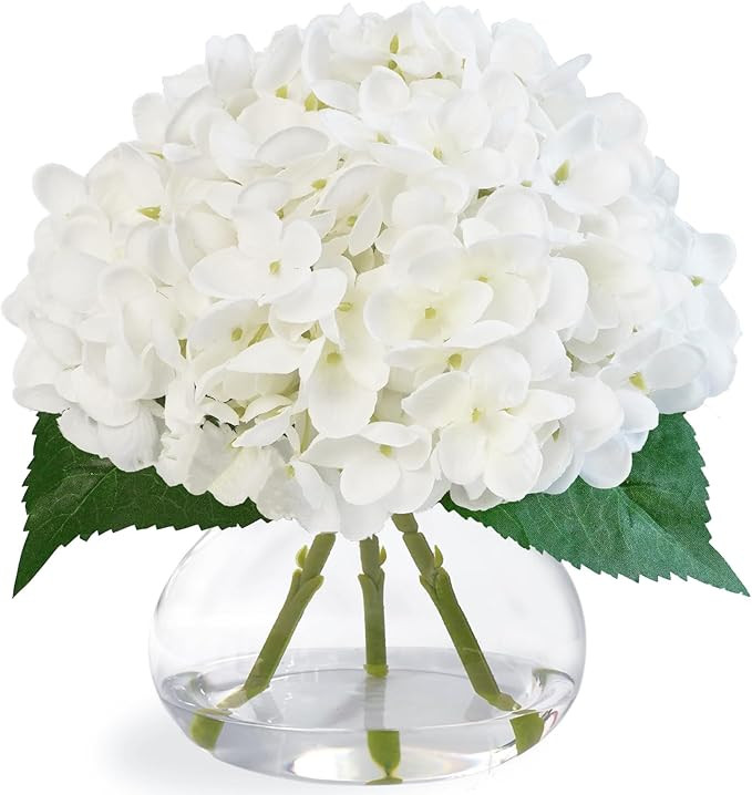 Hydrangea Artificial Flowers in Glass Vase, White Silk Fake Flowers Silk Centerpiece Table Decora... | Amazon (US)