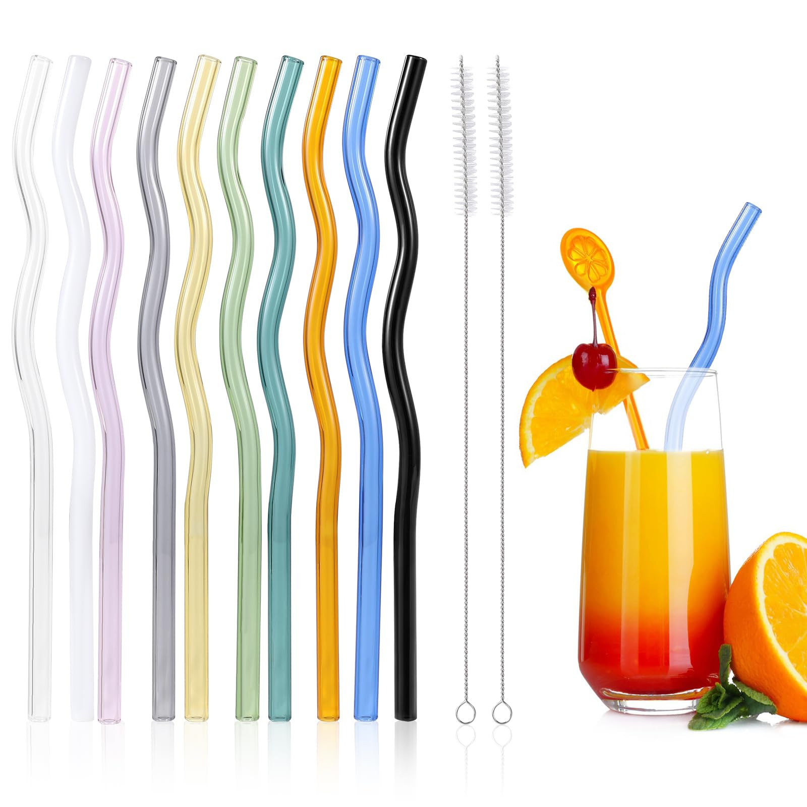 10 Pcs Reusable Wavy Colorful Glass Straws,9''x8 mm Shatter Resistant Cute Drinking Straws with 2... | Amazon (US)