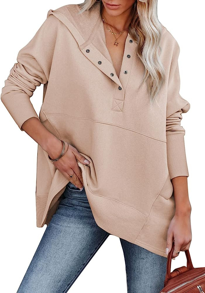 ROSKIKI EVALESS Womens Oversized Long Sleeve Hoodies Casual Loose Button Sweatshirts with Pockets | Amazon (US)