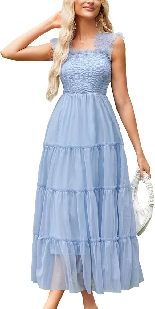 Womens Sleeveless Smocked Tulle Dress Solid Shoulder Strap A-Line Flowly Party Tiered Dresses | Amazon (US)