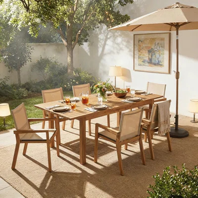 7 Pieces Acacia Wood Outdoor Dining Set with 6 Chairs and 1 Large Table, Modern Rustic Design for Lawn, Backyard, Garden Deck, Poolside | Wayfair North America