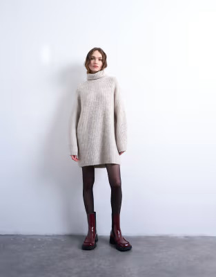 Knitted roll neck mini dress in oat | Topshop