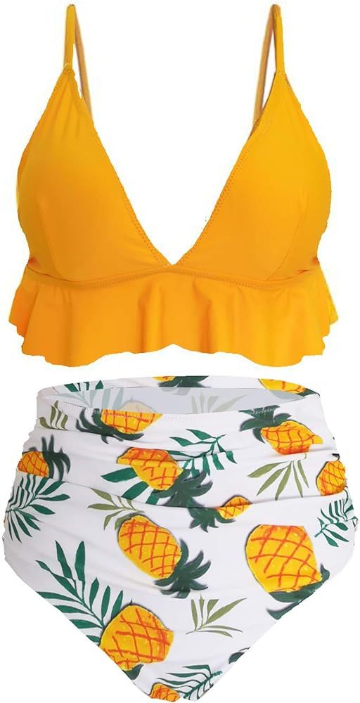 SS Queen Womens High Waisted Swimsuit Ruffle Print Bikini Swimwear Two Pieces Bathing Suit | Amazon (US)
