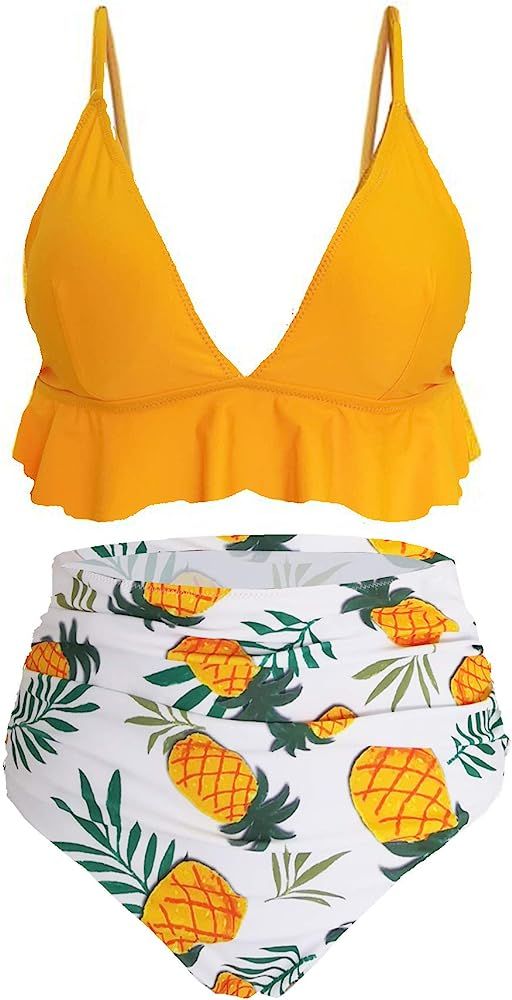 SS Queen Womens High Waisted Swimsuit Ruffle Print Bikini Swimwear Two Pieces Bathing Suit | Amazon (US)